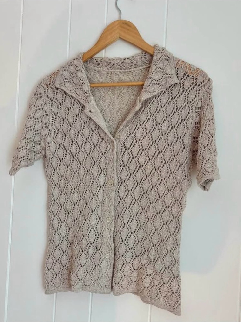 Open-Knit Short Sleeve Button Cardigan - Beige